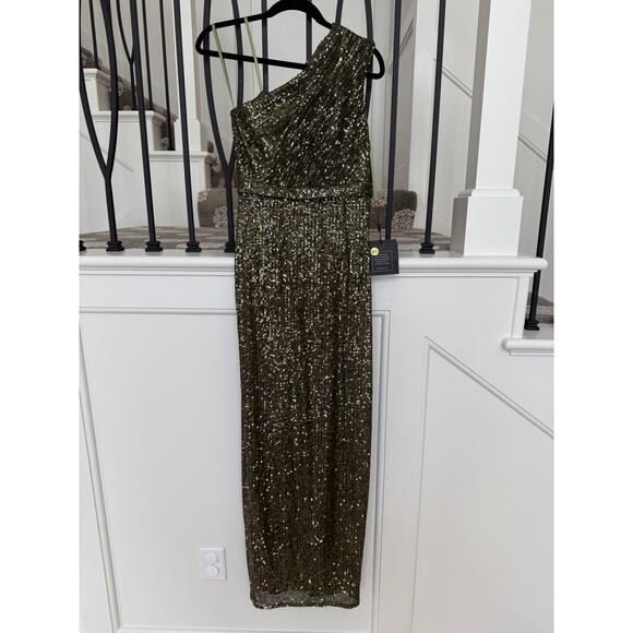Ieena for Mac Duggal Women's Olive Sequins One-Shoulder Ruched Gown Dress Size 4 - Picture 4 of 8